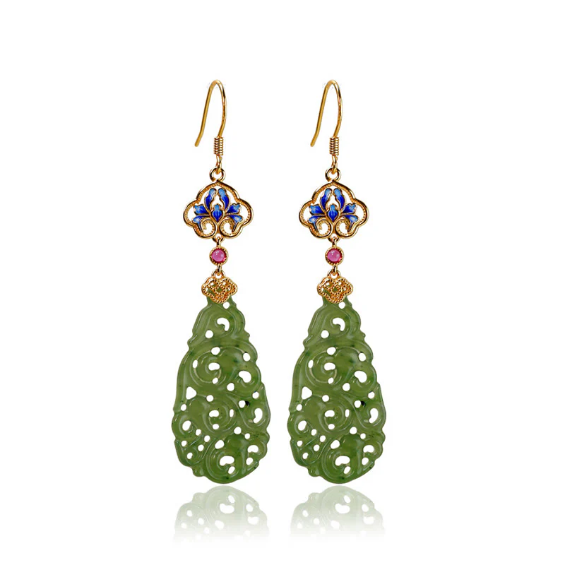 Buddha Stones Hollow Hetian Jade Enamel 925 Sterling Silver Prosperity Earrings