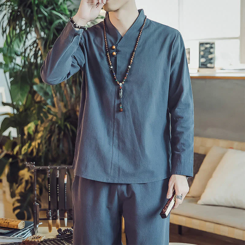 Buddha Stones 2Pcs Cotton Shirt Ankle-Length Pants With Pockets Men's Meditation Cloth Set