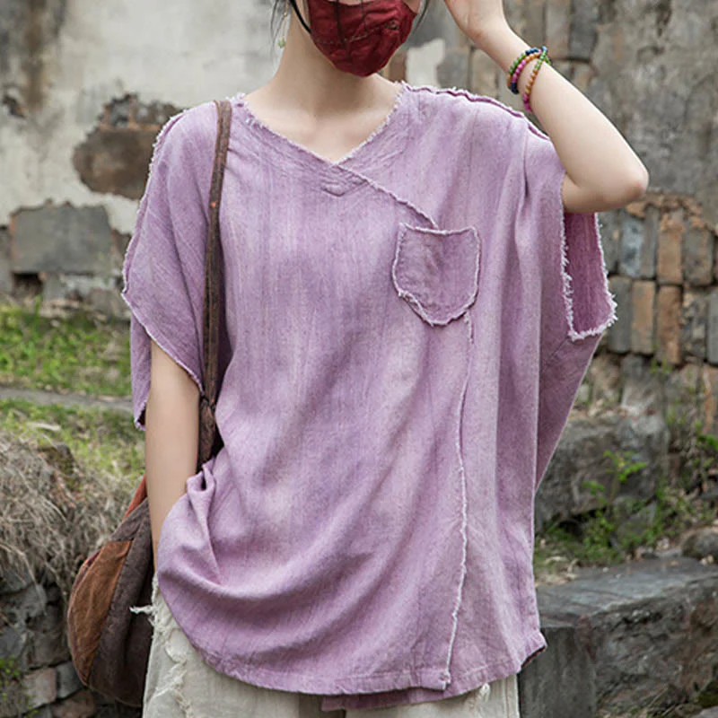 Buddha Stones Summer Tie-dye Linen V-Neck Short Sleeve Women's T-shirts