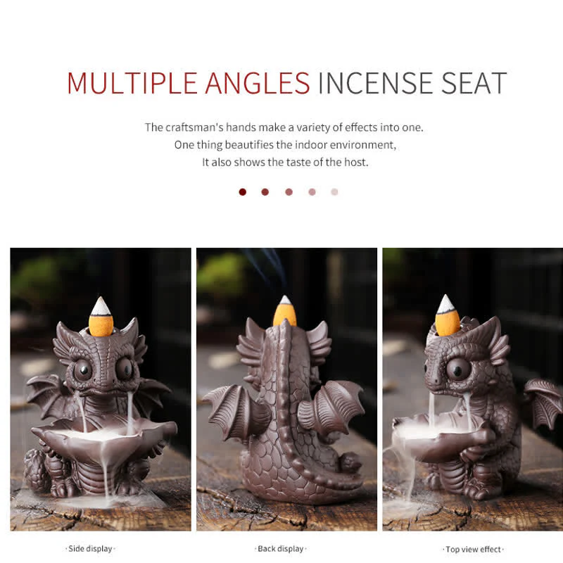 Buddha Stones Lovely Dinosaur Purple Clay Backflow Smoke Fountain Healing Incense Burner Decoration