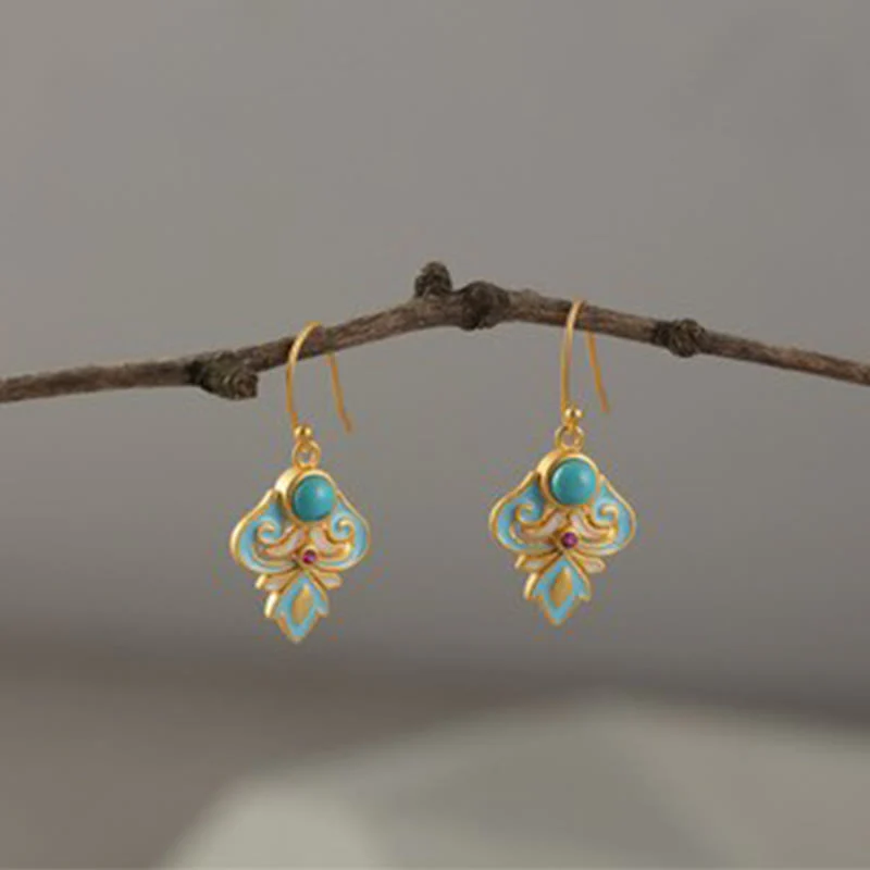 Buddha Stones Copper Enamel Turquoise Positive Drop Earrings