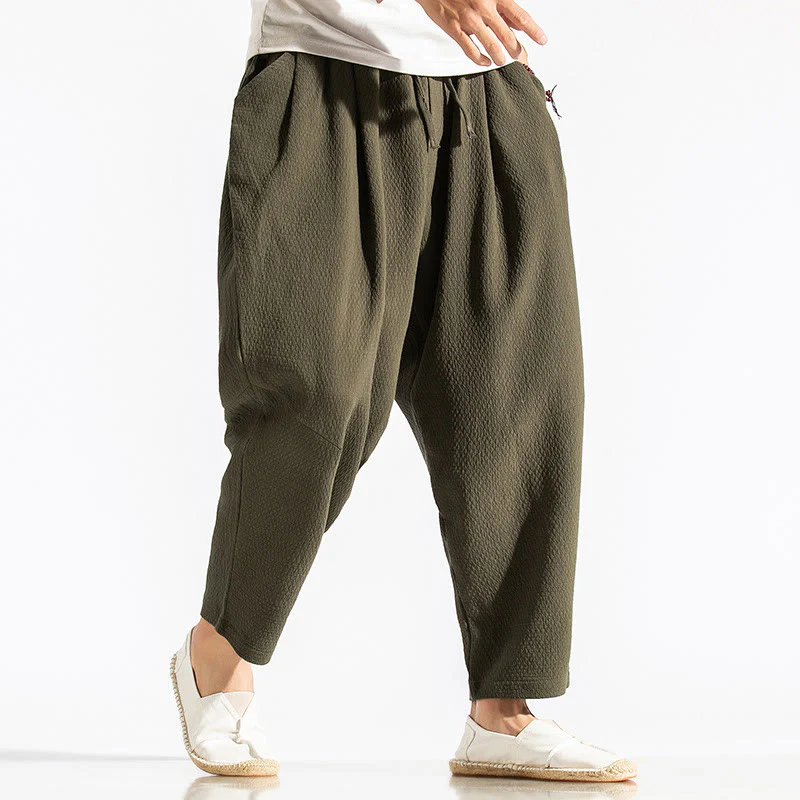 Buddha Stones Casual Pure Color Men's Jacquard Cotton Linen Harem Pants With Pockets