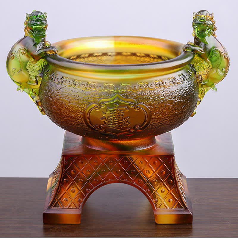 Buddha Stones Handmade Liuli Crystal PiXiu Treasure Bowl Art Piece Home Decoration