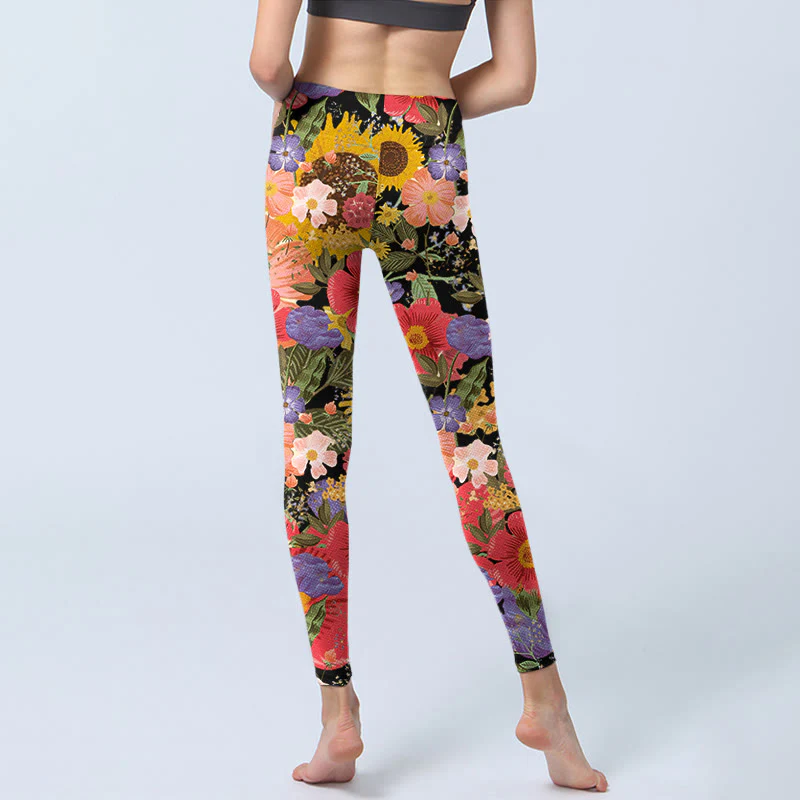 Buddha Stones Sunflowers Pink Purple Flowers Print Sports Fitness Leggings Women's Yoga Pants