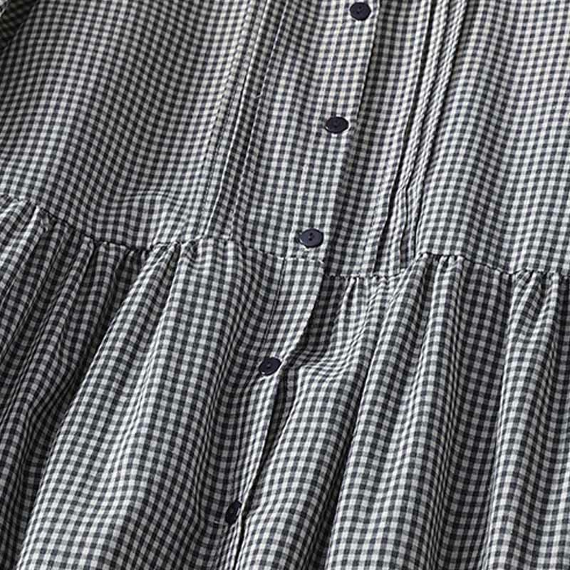 Buddha Stones Casual Plaid Pattern Long Lantern Sleeve Cotton Linen Midi Dress With Pockets