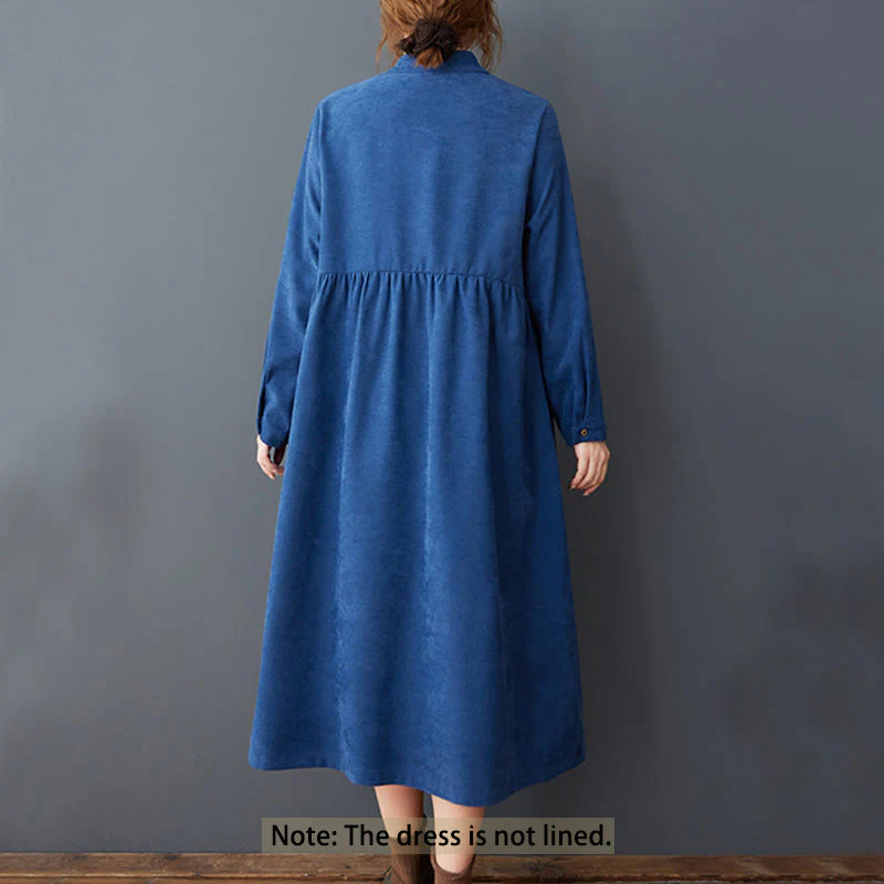 Buddha Stones Casual Plain Buttons Design Thermal Cotton Linen Midi Dress With Pockets