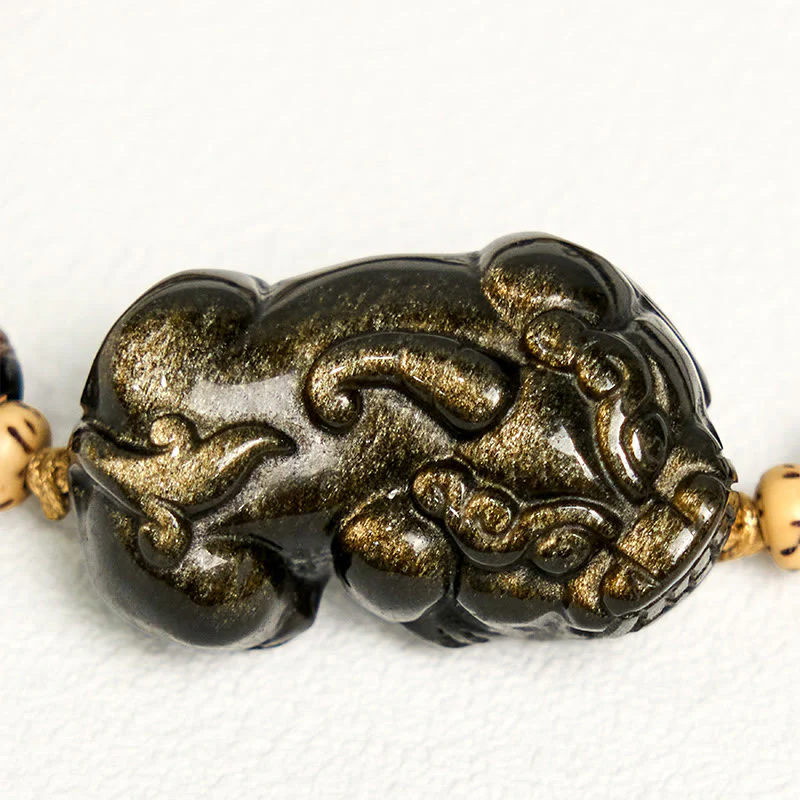 Buddha Stones Gold Sheen Obsidian PiXiu Wealth Rope Bracelet