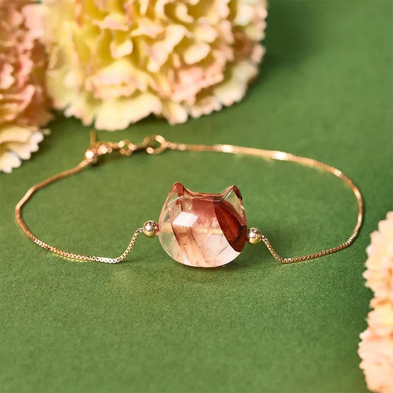 Buddha Stones 925 Sterling Silver Faceless Cat Head Natural Red Flower Quartz Passion Bracelet