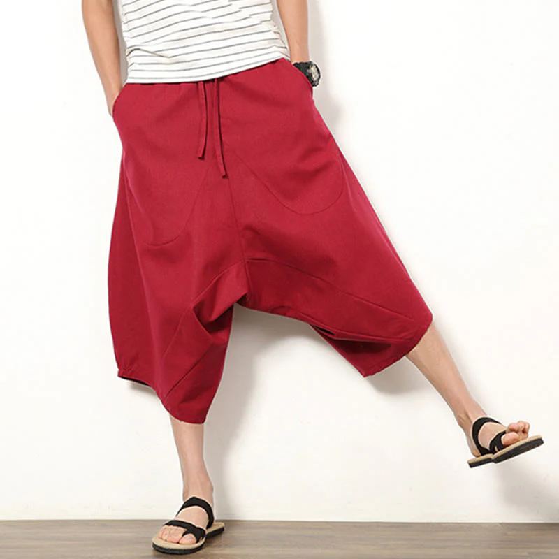 Buddha Stones Spring Plain Simple Patchwork Design Drawstring Cotton Linen Men's 7-8 Length Wide Leg Pants With Pockets