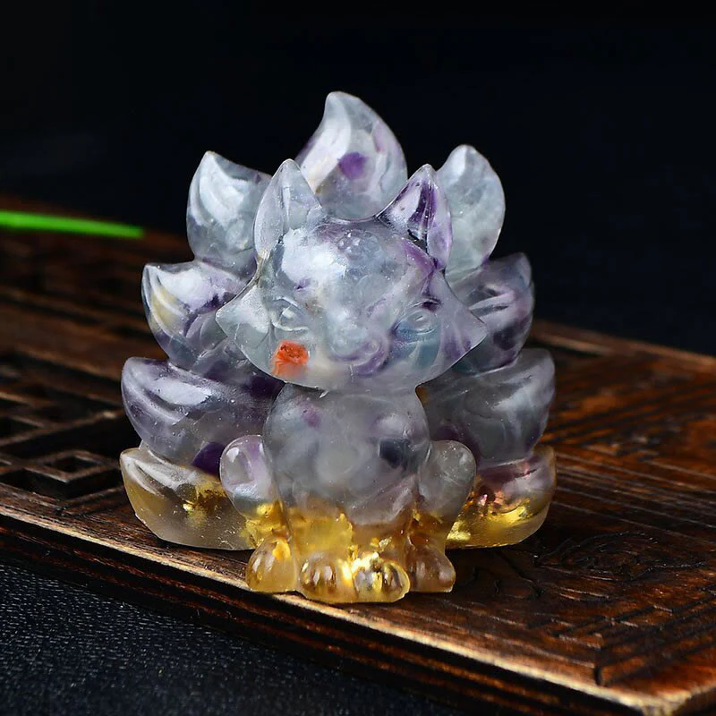 Buddha Stones Natural Various Crystal Strawberry Quartz Amethyst Nine Tailed Fox Protection Home Decoration