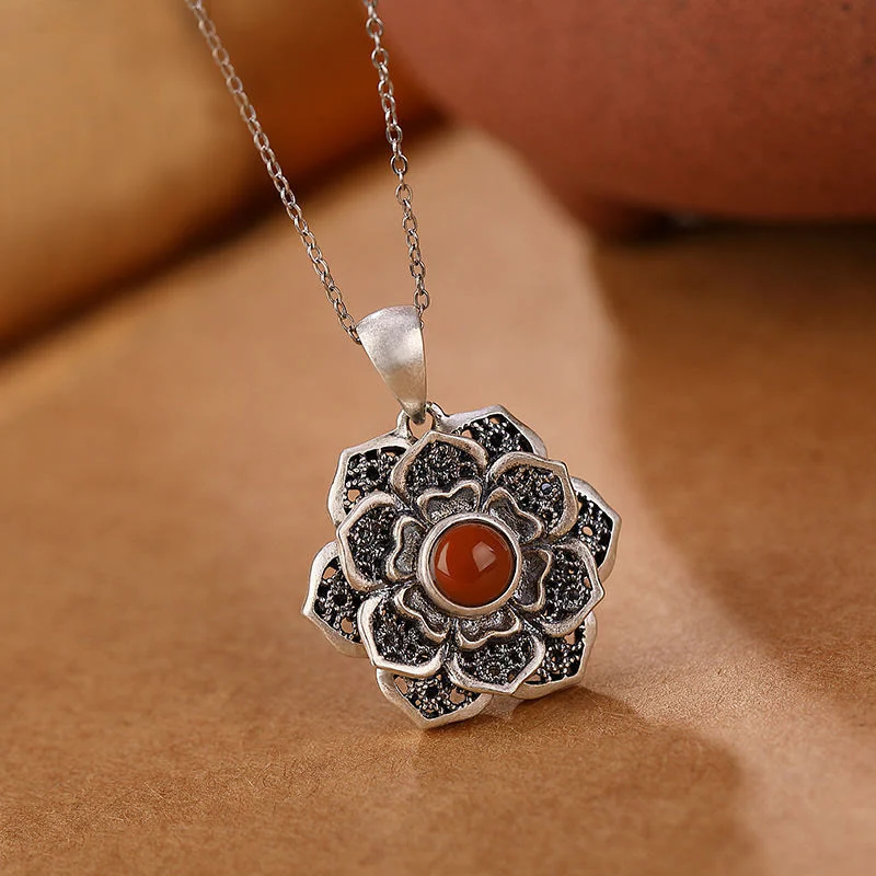 Buddha Stones Tibetan Om Mani Padme Hum Lotus Pattern Red Agate Copper Peace Necklace Pendant