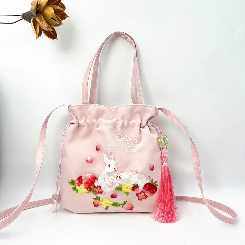 Buddha Stones Suzhou Embroidery Lotus Deer Epiphyllum Peony Rabbit Cotton Linen Tote Crossbody Bag Shoulder Bag Handbag