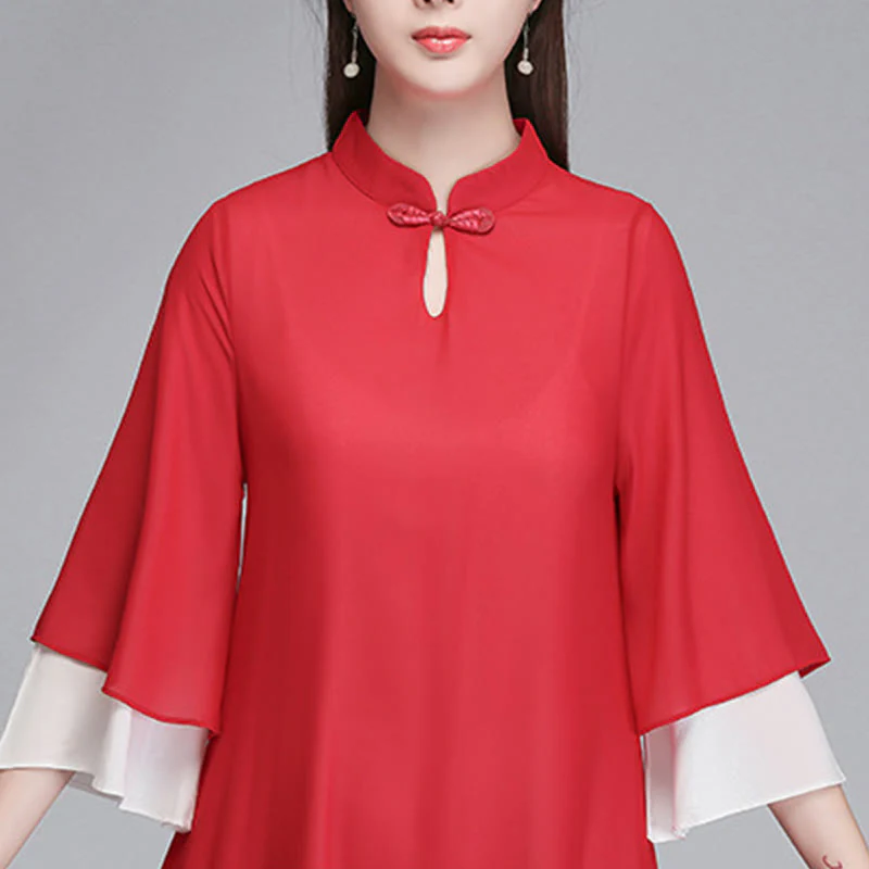 Buddha Stones Solid Women's Three Quarter Sleeve Chiffon Irregular Shirt Dress Wide Leg Pants Meditation Clothing