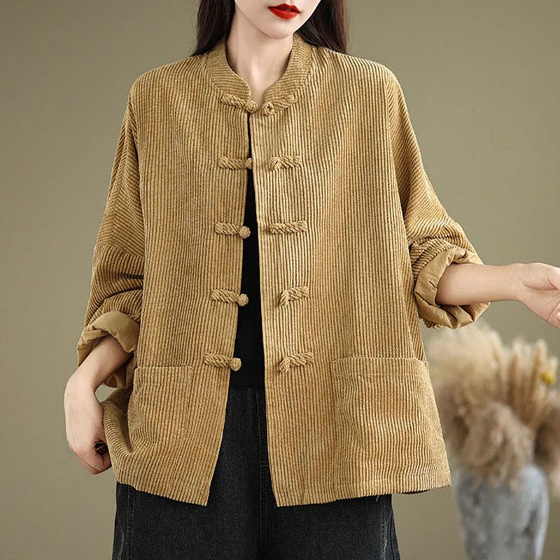 Buddha Stones Frog-button Stand Collar Women's Cotton Linen Corduroy Jacket