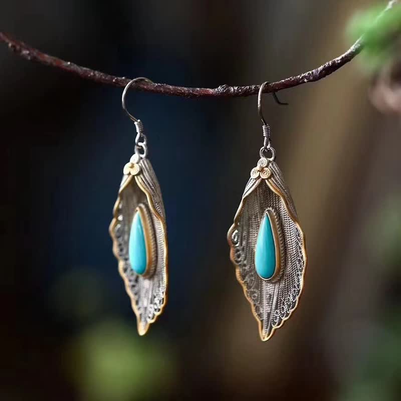 Buddha Stones 925 Sterling Silver Turquoise Bodhi Leaf Pattern Protection Drop Dangle Earrings