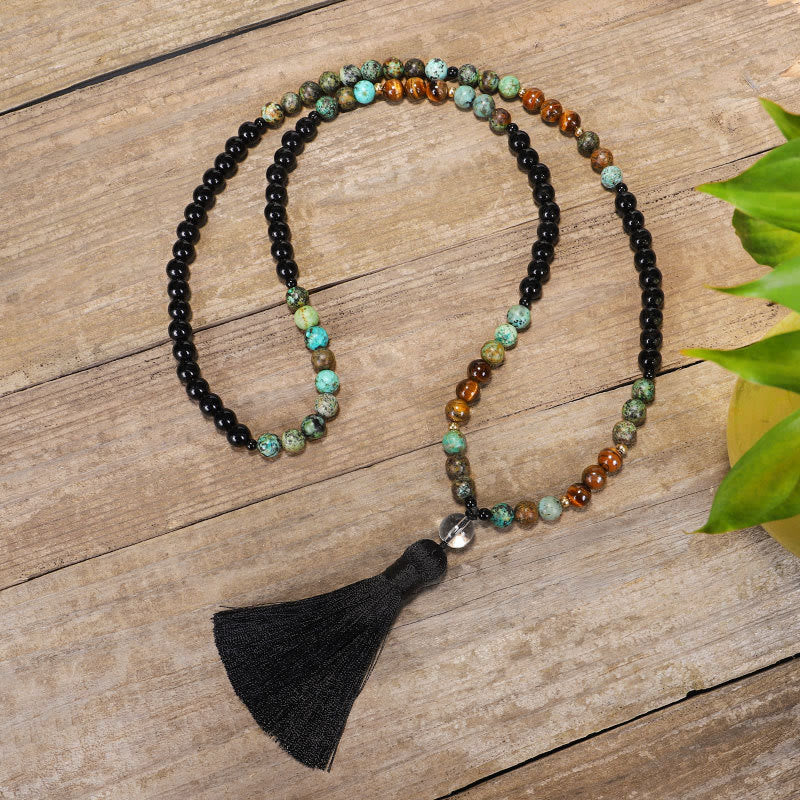Buddha Stones 108 Mala Beads Natural Stone Tiger Eye Turquoise Protection Strength Bracelet Necklace