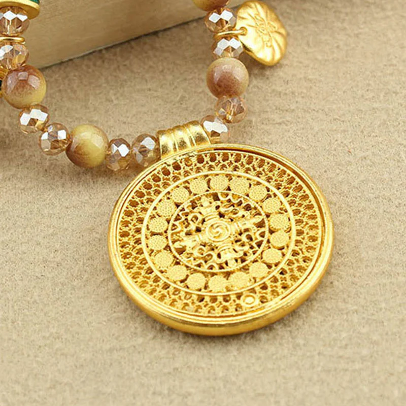 Buddha Stones Tibetan Lotus Round Plate Golden Tiger Eye Beads Necklace Pendant