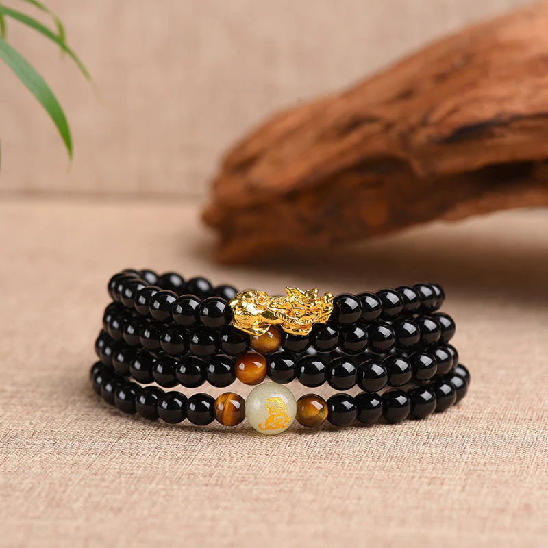 Buddha Stones Chinese Zodiac Obsidian PiXiu Protection Mala Bracelet