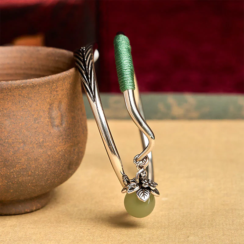 Buddha Stones Copper Alloy Green Bead Charm Luck Cuff Bracelet Bangle