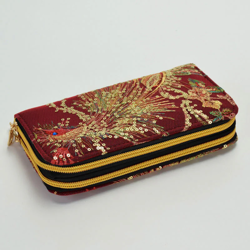 Buddha Stones Peacock Double-sided Embroidery Cash Holder Wallet Shopping Purse