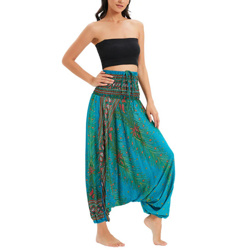 Buddha Stones Two Style Wear Peacock Feather Loose Smocked Harem Trousers Jumpsuit High Waist Pants