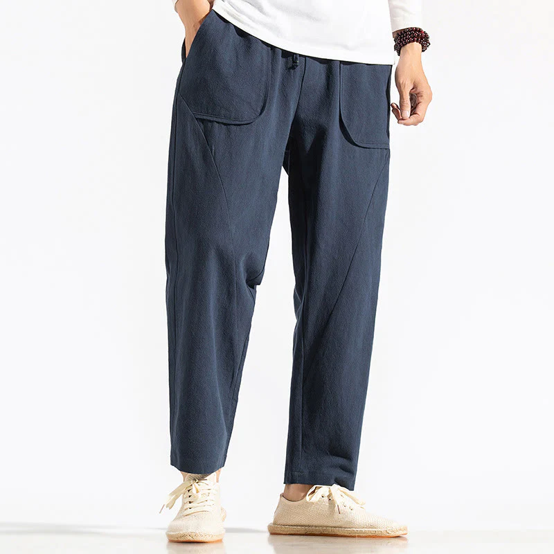 Buddha Stones Retro Casual Drawstring Design Men's Harem Cotton Plain Pants With Pockets