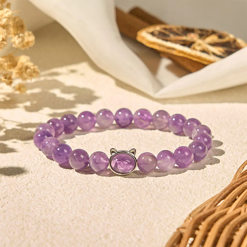 Buddha Stones Natural Amethyst Bead Cute Cat Healing Bracelet