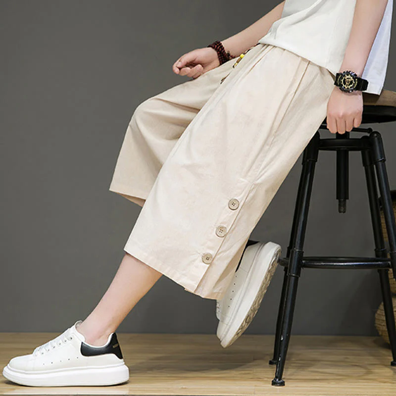 Buddha Stones Casual Plain Side Button Design Drawstring Men's Cotton Cropped Pants With Pockets