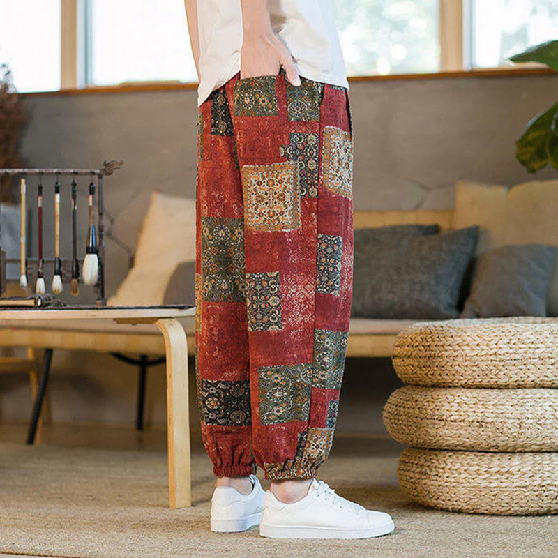 Buddha Stones Summer Square Patchwork Cotton Linen Men's Ankle-Length Harem Pants With Pockets