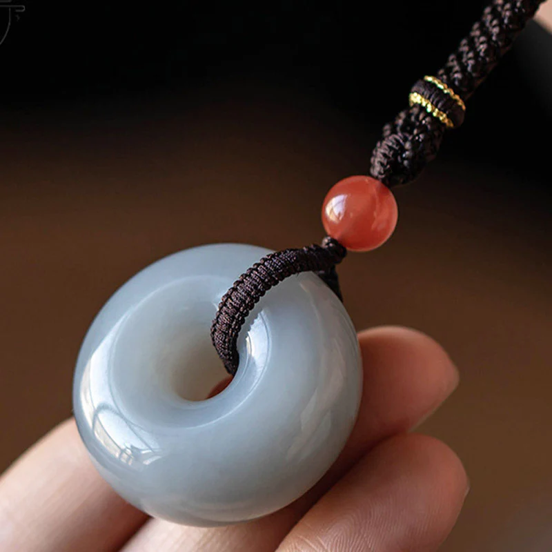 Buddha Stones Natural Round Jade Gray Jade Peace Buckle Luck Necklace Pendant