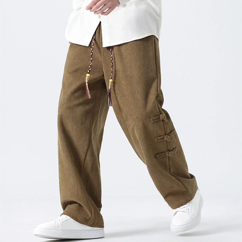 Buddha Stones Plain Chinese Frog-Button Design Drawstring Men's Corduroy Pants With Pockets