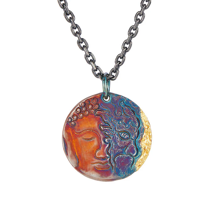 Buddha Stones 999 Sterling Silver 24K Gold Half Demon Half Buddha Compassion Necklace Pendant