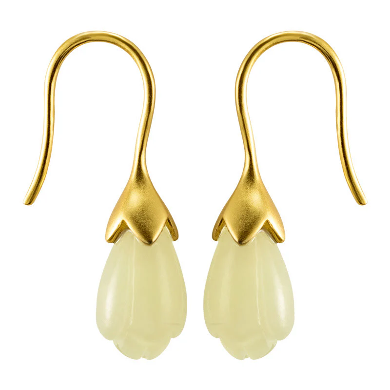 Buddha Stones 925 Sterling Silver Hetian Jade Magnolia Abundance Drop Earrings