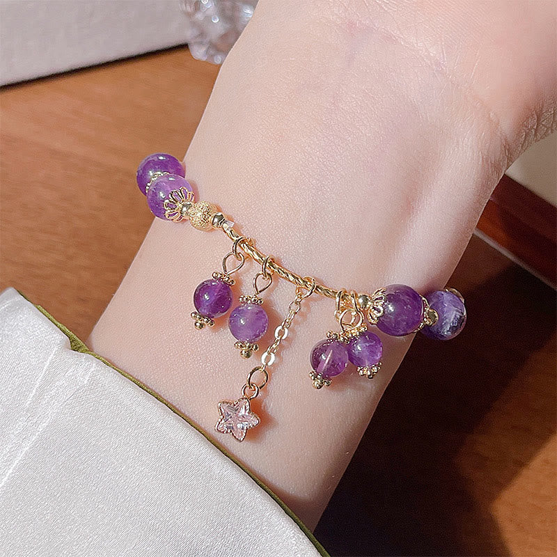 Buddha Stones Natural Amethyst Four Leaf Clover Star Peace Bracelet