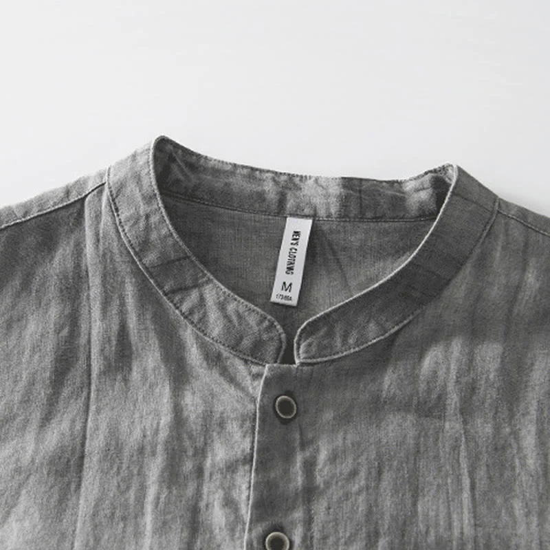 Buddha Stones Summer Buttons Short Sleeve Ramie Linen Cotton Men's Shirt