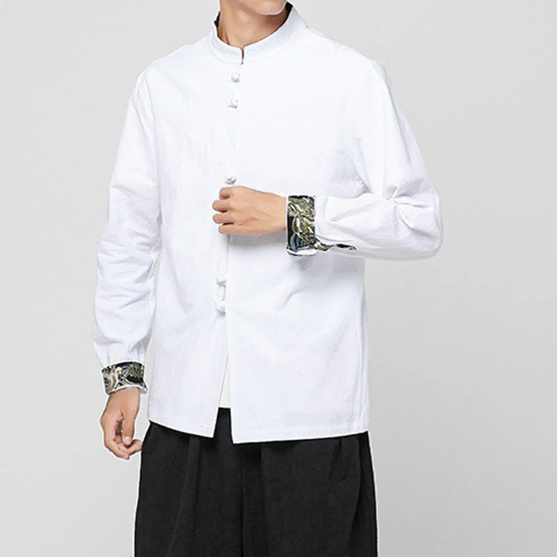 Buddha Stones Men's Frog-Button Dragon Pattern Cuffs Cotton Long Sleeve Shirt