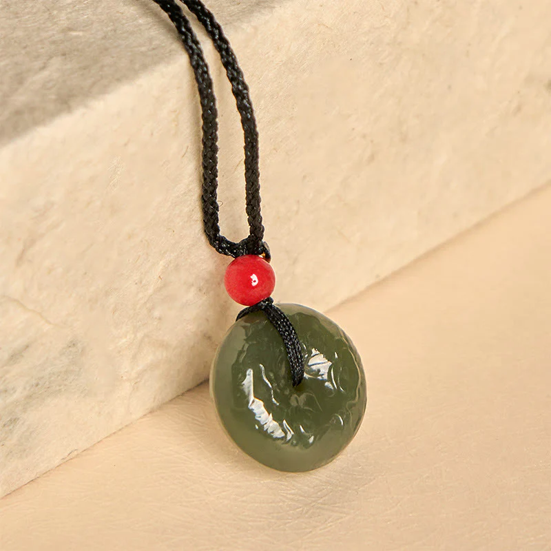 Buddha Stones Peace Buckle Auspicious Clouds Cyan Jade Necklace Luck Pendant