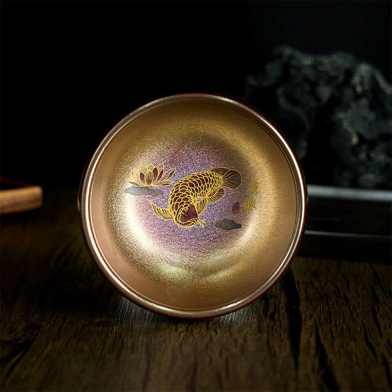 Buddha Stones Handmade Chinese Jianzhan Koi Fish Lotus Leaf Ceramic Teacup Kung Fu Tea Cup 150ml