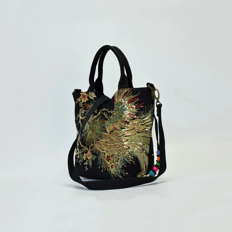 Buddha Stones Peacock Double-sided Embroidery Tote Bag Shoulder Bag Crossbody Bag