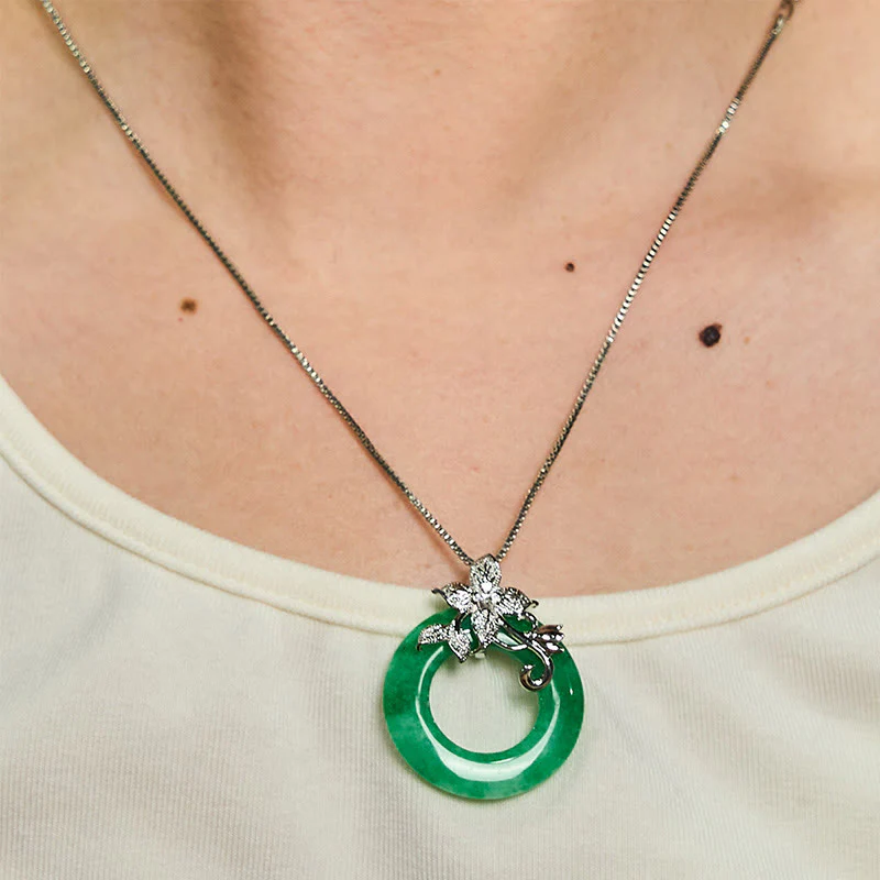 Buddha Stones Cyan Jade Peace Buckle Alloy Flower Healing Luck Necklace Pendant