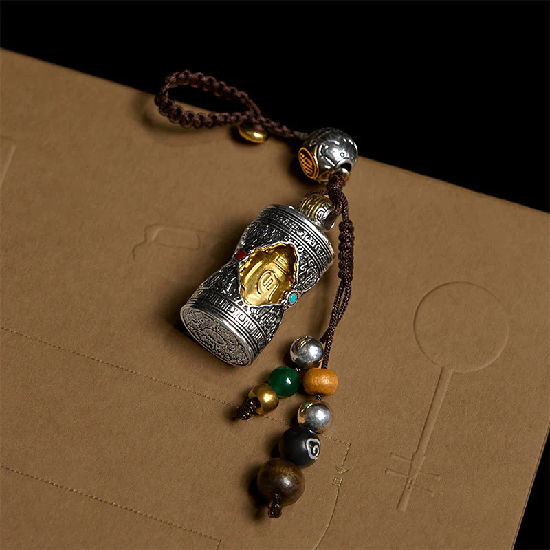 Buddha Stones Om Mani Padme Hum Ghau Prayer Box Copper Plated Silver Luck Key Chain