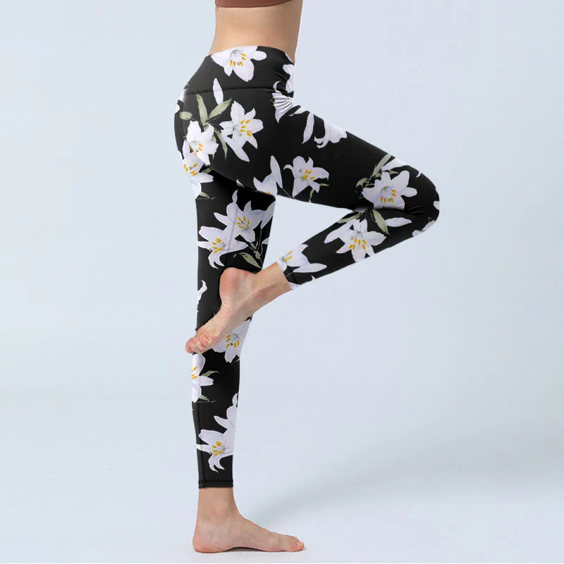 Buddha Stones Black Lily Flower Leaf Pattern Print Gym Leggings Women's Yoga Pants
