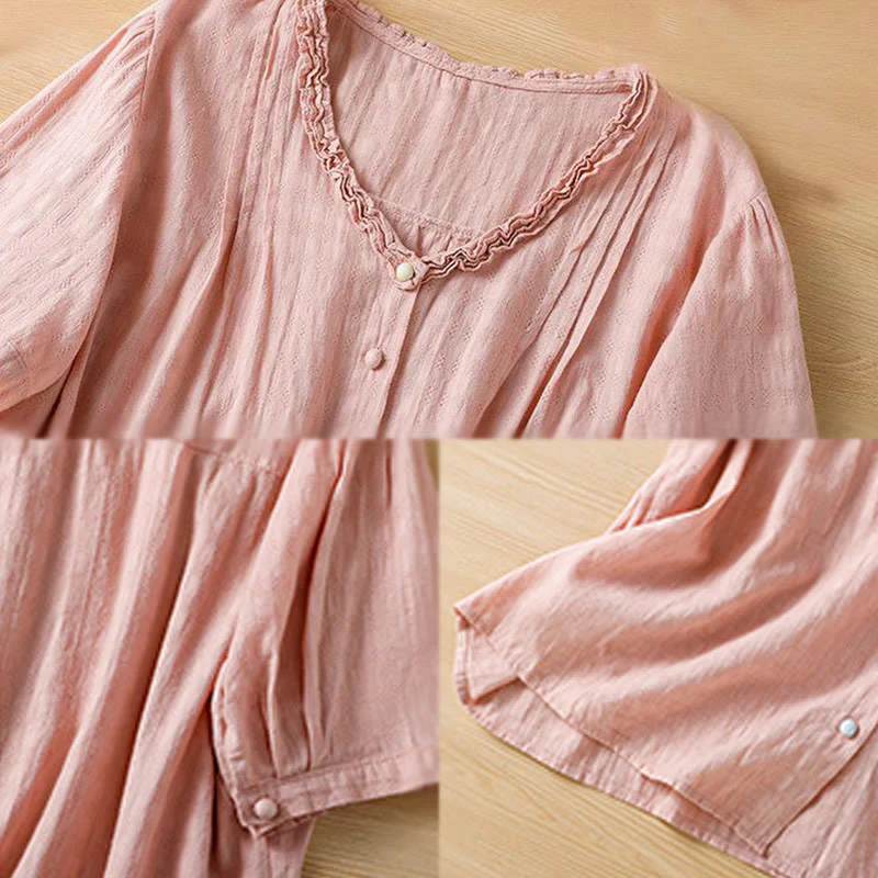 Buddha Stones Jacquard Pleated Ruffled Trim Design V-Neck Short Sleeve Women's Shirt