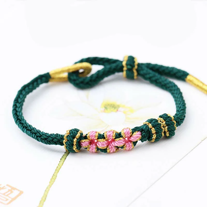 Buddha Stones Handmade Three Peach Blossoms Luck Eight Strands Braided String Bracelet