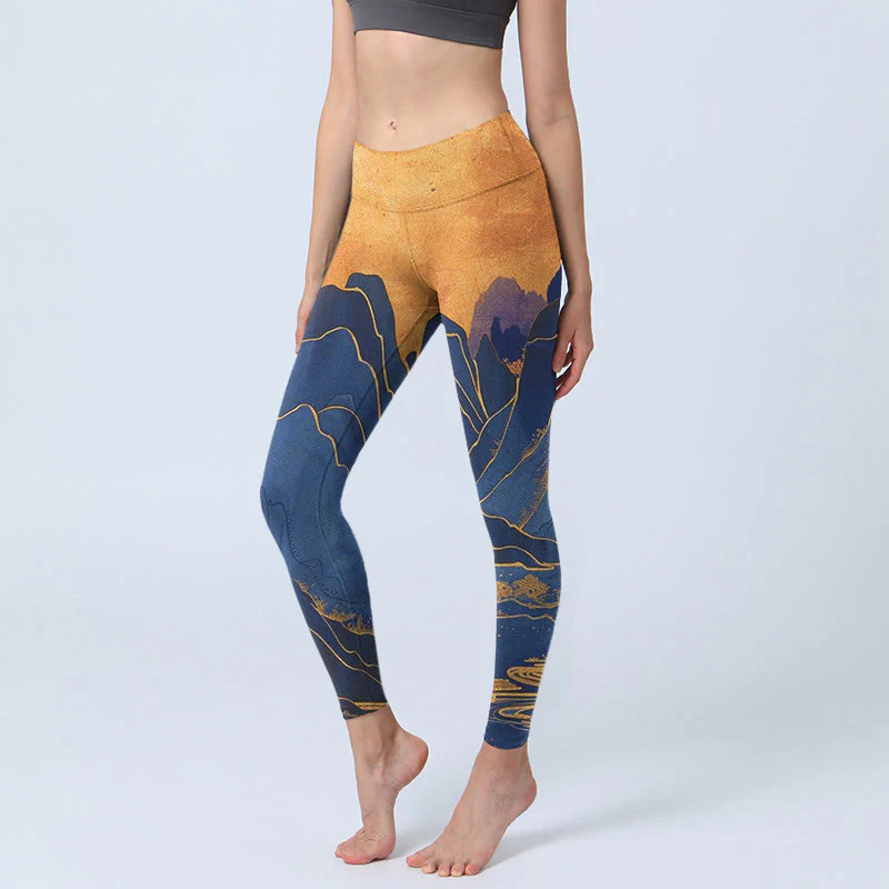 Buddha Stones Dark Blue Mountain Sunset Print Fitness Leggings Women's Yoga Pants
