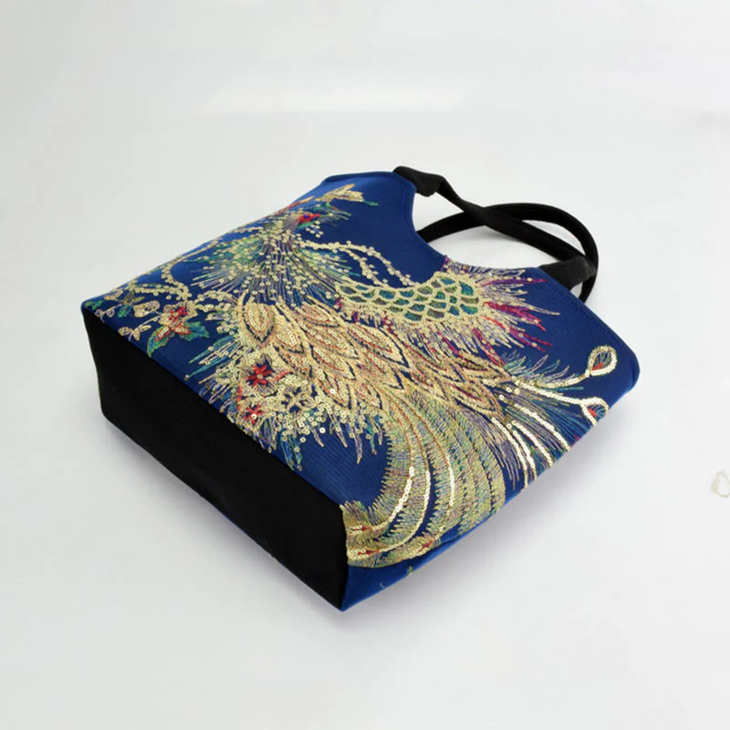 Buddha Stones Peacock Double-sided Embroidery Tote Bag Shoulder Bag Crossbody Bag