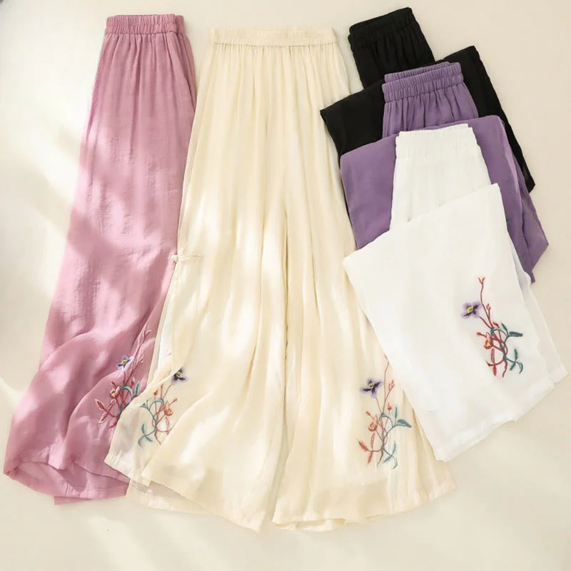 Buddha Stones Artistic Embroidery Flower Double Layer Chinese Frog Button Split Cotton Linen Women's Wide Leg Pants