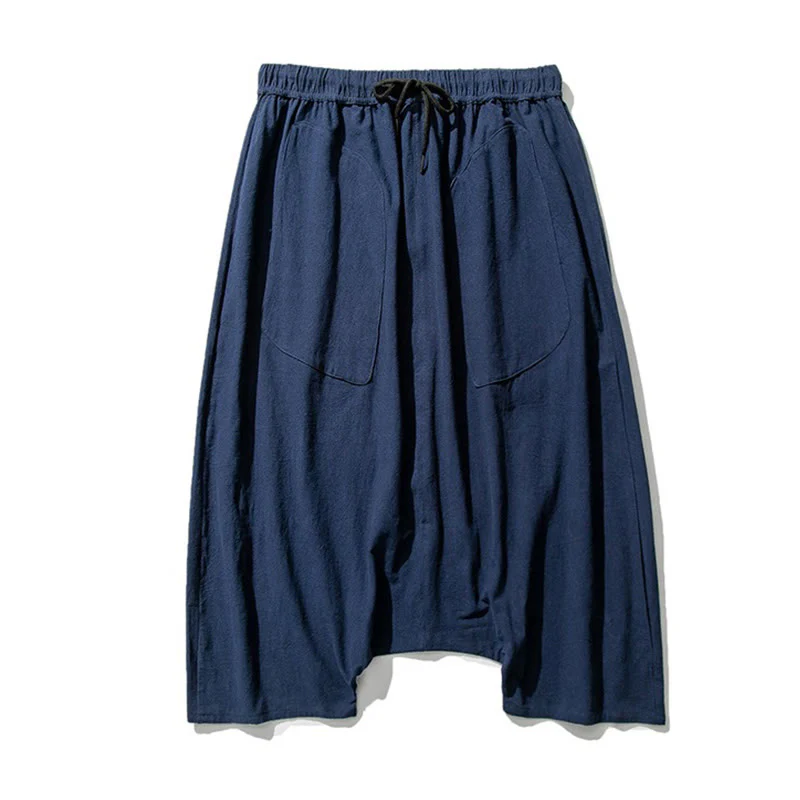 Buddha Stones Casual Low Crotch Design Drawstring Men's 7-8 Length Cotton Linen Wide Leg Pants With Pockets