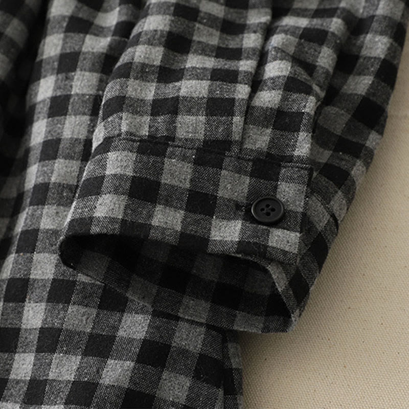 Buddha Stones Black Lace-Up Design Plaid Lapel Cotton Linen Midi Dress With Pockets