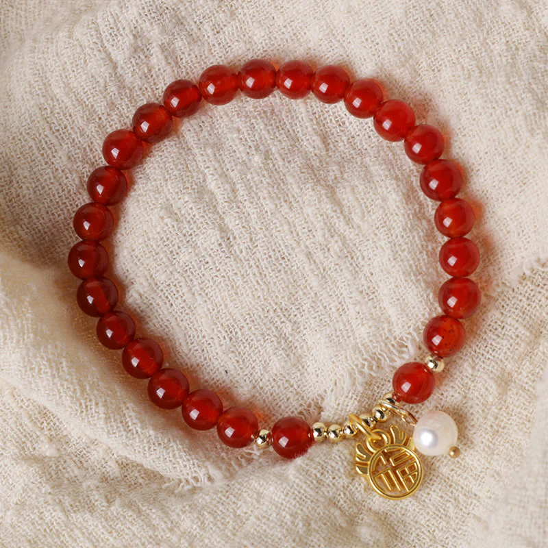 Buddha Stones Year of the Dragon Red Agate Jade Peace Buckle Fu Character Success Bracelet